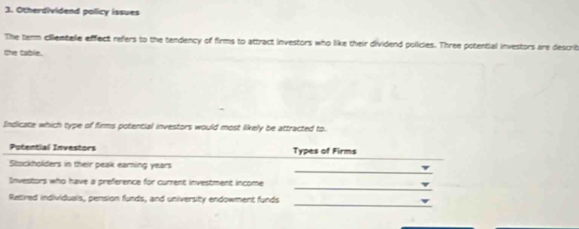 Otherdividend palicy issues 
The tenm ciiemtele effect refers to the tendency of firms to attract investors who like their dividend policies. Three potential investors are describ 
the table. 
Indicate which type of firms potential investors would most likely be attracted to. 
_ 
Potential Investors Types of Firms 
_ 
Stockholders in their peak earning years
_ 
Investiors who have a preference for current investment income 
_ 
Retired individuals, pension funds, and university endowment funds