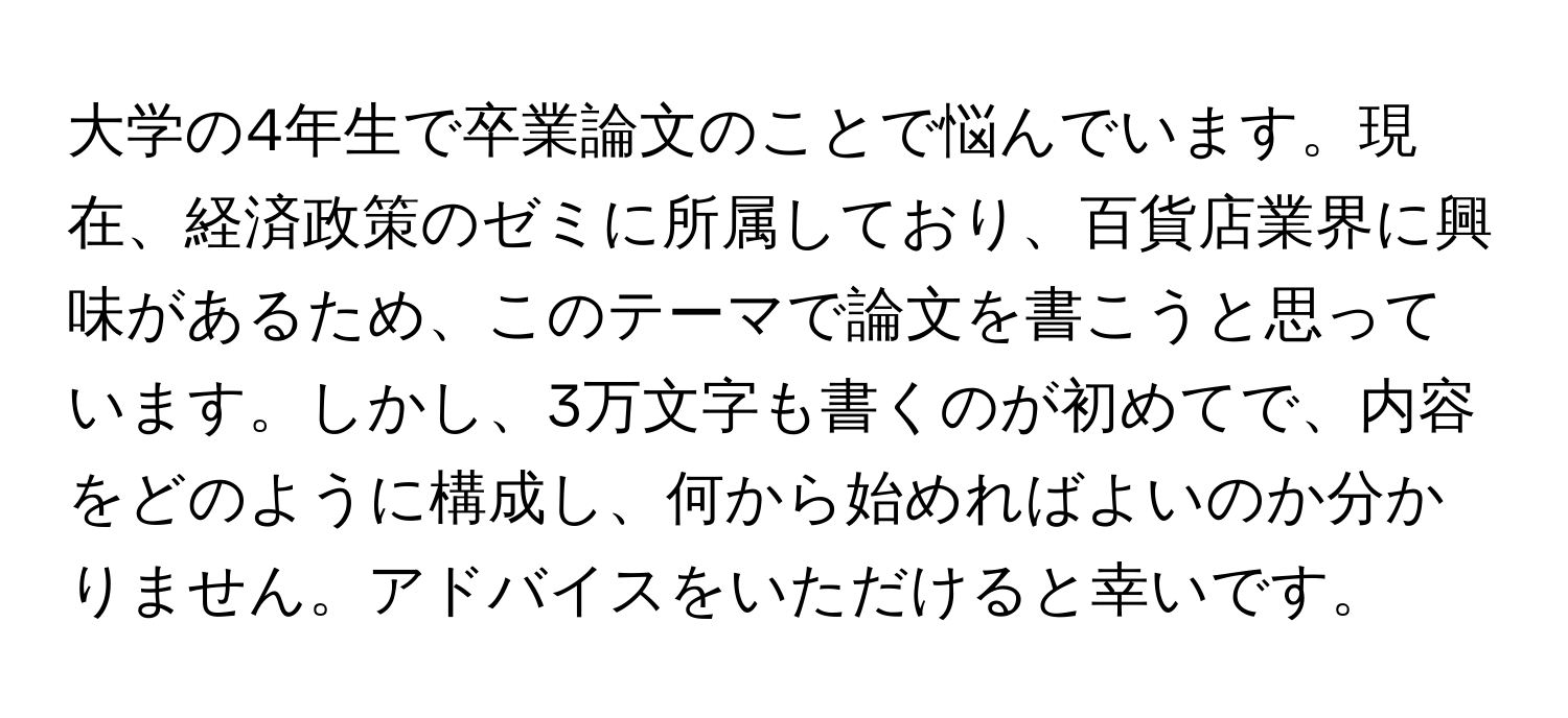 大学の4年生で卒業論文のことで悩んでいます。現在、経済政策のゼミに所属しており、百貨店業界に興味があるため、このテーマで論文を書こうと思っています。しかし、3万文字も書くのが初めてで、内容をどのように構成し、何から始めればよいのか分かりません。アドバイスをいただけると幸いです。