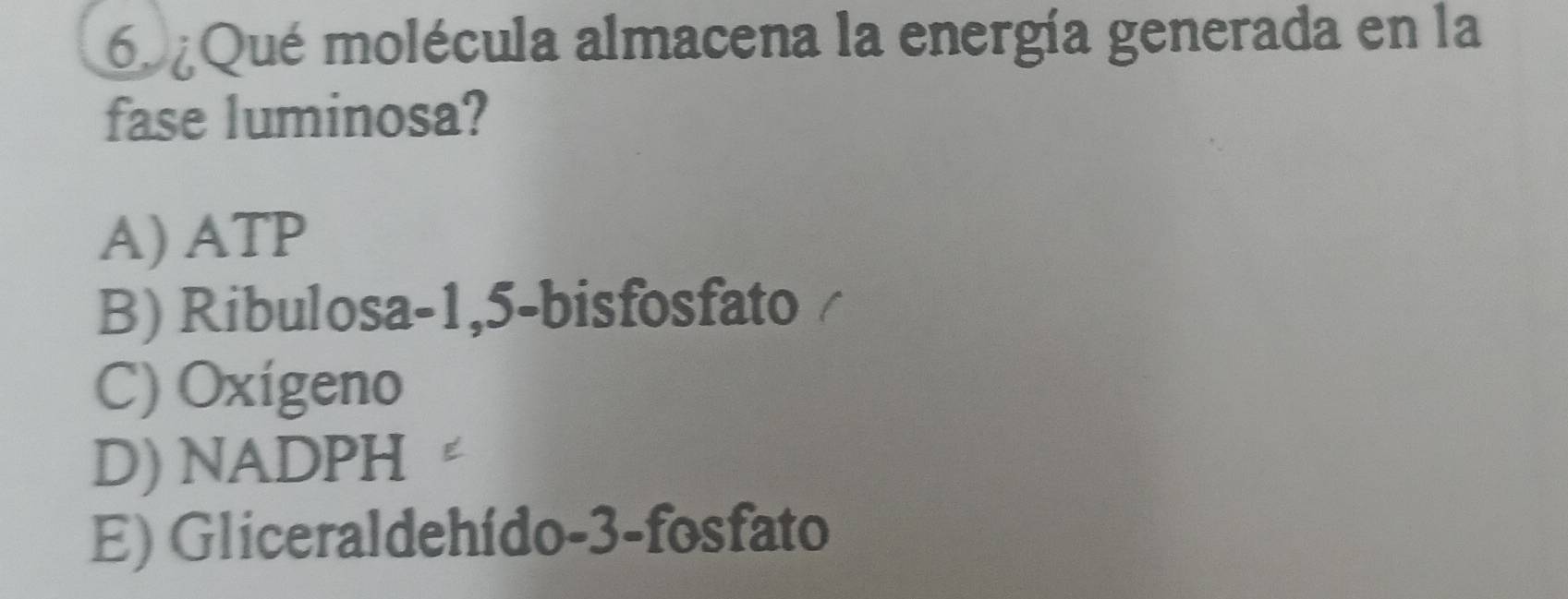 Qué molécula almacena la energía generada en la
fase luminosa?
A) ATP
B) Ribulosa -1,5 -bisfosfato
C) Oxígeno
D) NADPH
E) Gliceraldehído -3 -fosfato