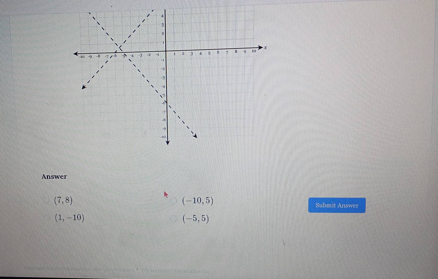 Answer
(7,8)
(-10,5)
Submit Answer
(1,-10)
(-5,5)