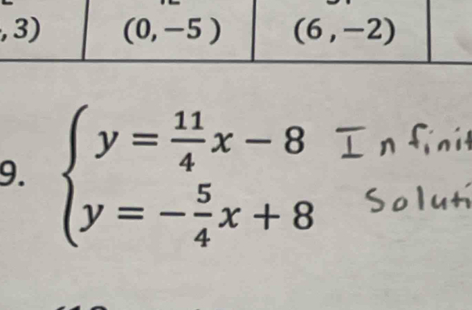 beginarrayl y= 11/4 x-8 y=- 5/4 x+8endarray.