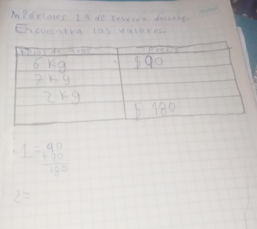 MPercoles Ia de Teweve deszess.
Ehcuentra los valores.
1=beginarrayr 90 +90 hline 180endarray
2=