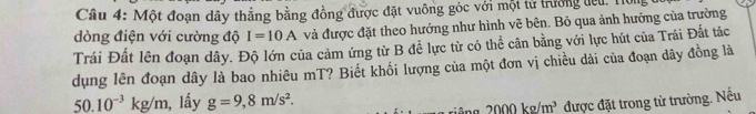 Một đoạn dây thẳng bằng đồng được đặt vuông góc với một từ trưởng đêu: T 
dòng điện với cường độ I=10A và được đặt theo hướng như hình vẽ bên. Bỏ qua ảnh hưởng của trường 
Trái Đất lên đoạn dây. Độ lớn của cảm ứng từ B đề lực từ có thể cân bằng với lực hút của Trái Đắt tác 
dụng lên đoạn dây là bao nhiêu mT? Biết khối lượng của một đơn vị chiều dài của đoạn dây đồng là
50.10^(-3)kg/m ,lấy g=9,8m/s^2.
2000kg/m^3 được đặt trong từ trường. Nếu