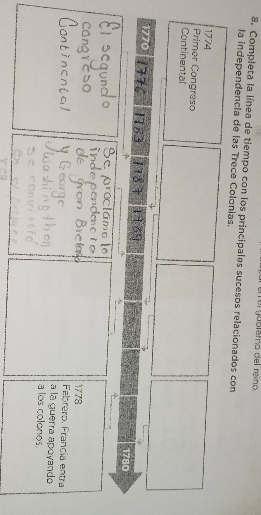 el gobierno del reino. 
8. Completa la línea de tiempo con los principales sucesos relacionados con 
la independencia de las Trece Colonias. 
1774 
Primer Congreso 
Continental
1770 177 1783 178+ HXC
1780
1778 
Febrero. Francia entra 
a la guerra apoyando 
a los colonos.