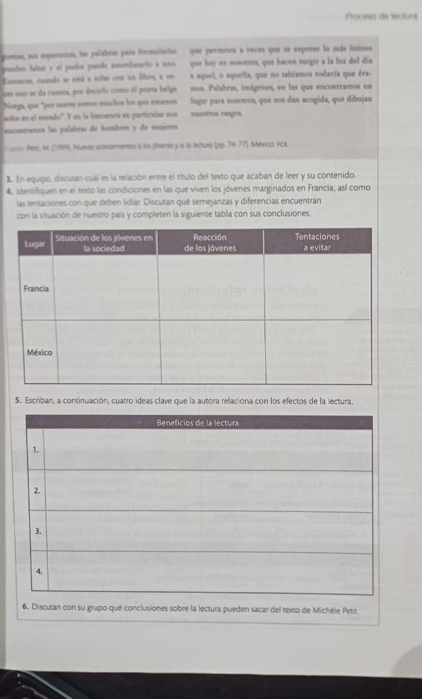 Procesa de lecturs 
gustias, sus esperanzs, las palabres para formularlas que permiten a veces que se exprese lo más íntimo 
pueden faltar y el pudor puede amoniarario a uno. que hey en nosorros, que hacen surgir a la luz del día 
Entonces, cuando se está a subm con un libro, a ve- a aquel, o aquella, que no sablamos todavía que éra- 
ces uno se da cuena, por decirio como el poesa belga mos. Palabras, imágenes, en las que encontramos un 
Norga, que "por suerte somos muchos los que estamos lugar para nosotros, que nos dan acogida, que dibujan 
solos en el mundo'. V en la literatura en particular nos nueetros rasgos. 
encontramos las palabras de hombres y de mujeres 
l == Petrs, M. (1999). Nuevor sconcaments a los jovenes y a la lectura (pp.74-77 (). México: fce. 
3. En equipo, discutan cuál es la relación entre el título del texto que acaban de leer y su contenido. 
4. identifiquen en el texto las condiciones en las que viven los jóvenes marginados en Francia, así como 
las tentaciones con que deben lidiar. Discutan qué semejanzas y diferencias encuentran 
con la situación de nuestro país y completen la siguiente tabla con sus conclusiones. 
5. Escriban, a continuación, cuatro ideas clave que la autora relaciona con los efectos de la lectura. 
6. Discutan con su grupo qué conclusiones sobre la lectura pueden sacar del texto de Michèle Petit.