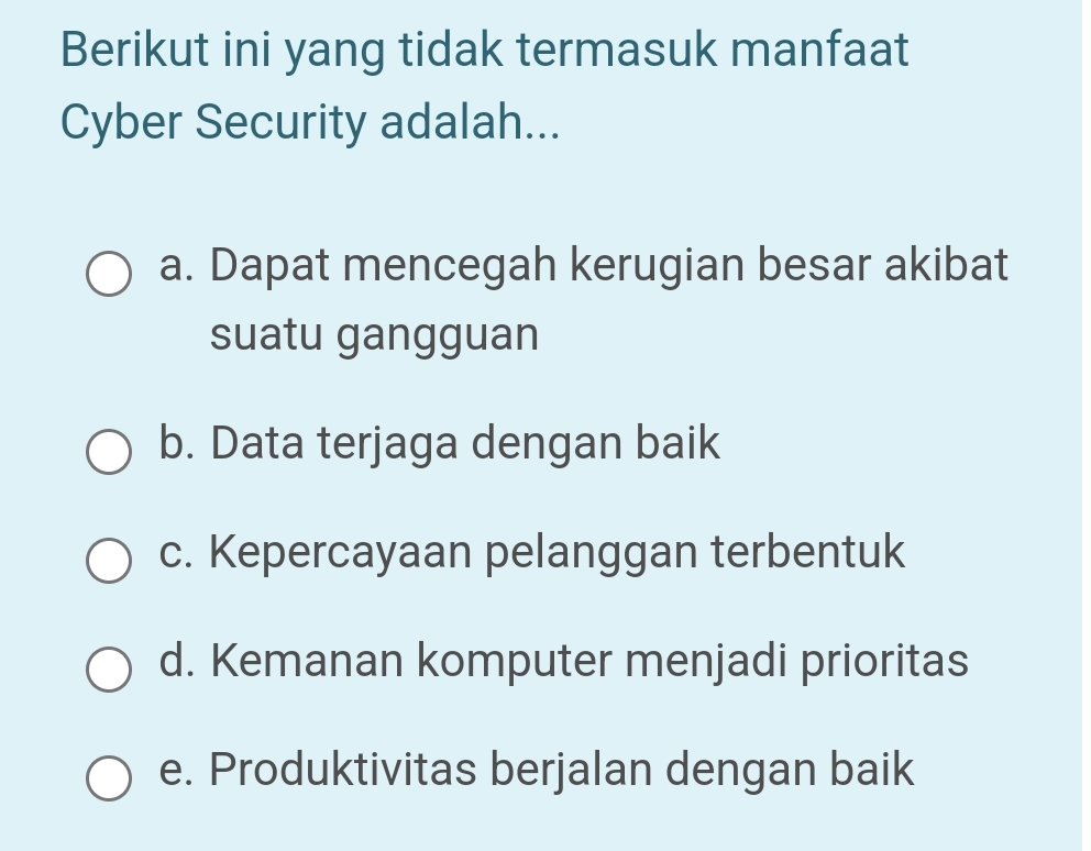 Berikut ini yang tidak termasuk manfaat
Cyber Security adalah...
a. Dapat mencegah kerugian besar akibat
suatu gangguan
b. Data terjaga dengan baik
c. Kepercayaan pelanggan terbentuk
d. Kemanan komputer menjadi prioritas
e. Produktivitas berjalan dengan baik