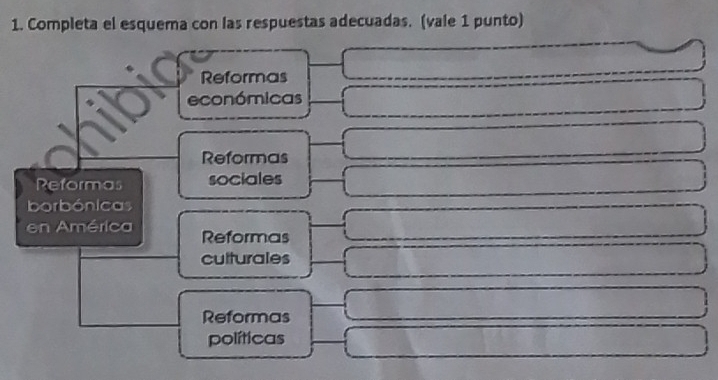 Completa el esquema con las respuestas adecuadas. (vale 1 punto)
Reformas
económicas
Reformas
Reformas sociales
borbónicas
en América Reformas
culturales
Reformas
políticas