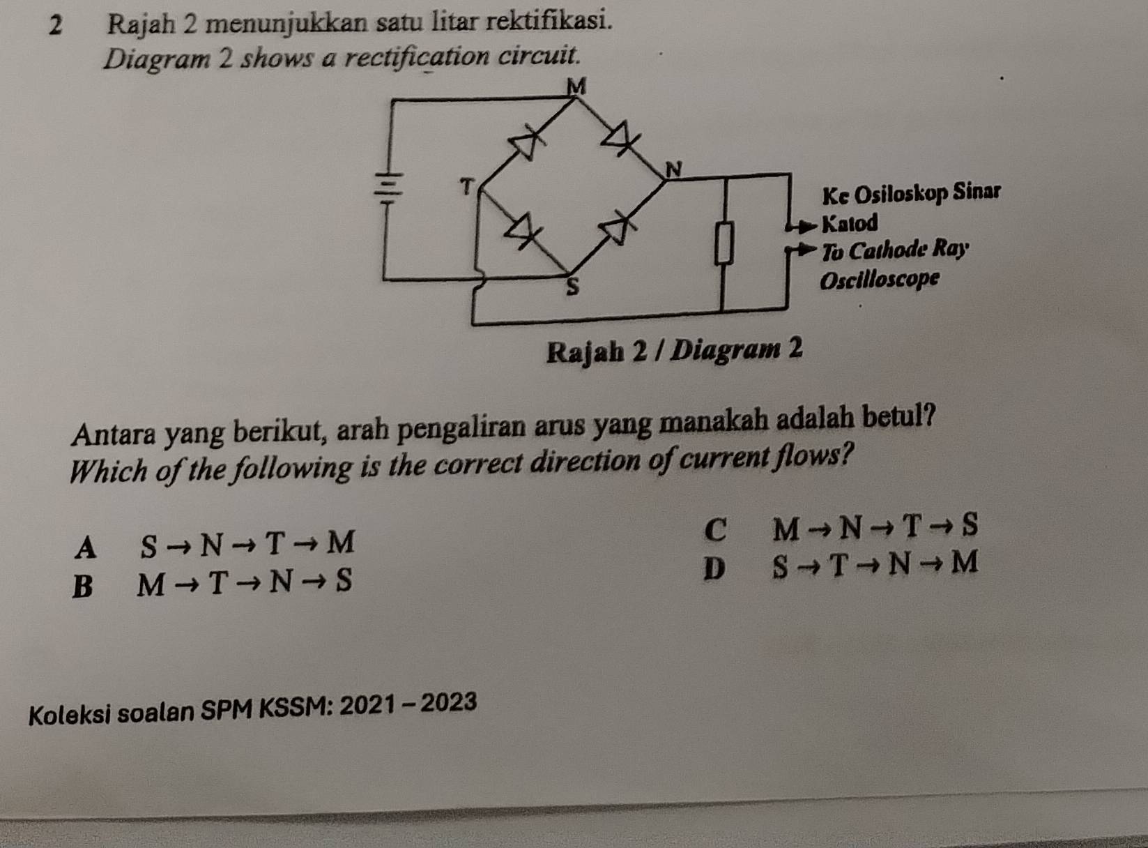 Rajah 2 menunjukkan satu litar rektifikasi.
Rajah 2 / Diagram 2
Antara yang berikut, arah pengaliran arus yang manakah adalah betul?
Which of the following is the correct direction of current flows?
A Sto Nto Tto M
C Mto Nto Tto S
B Mto Tto Nto S
D Sto Tto Nto M
Koleksi soalan SPM KSSM: 20 21-202