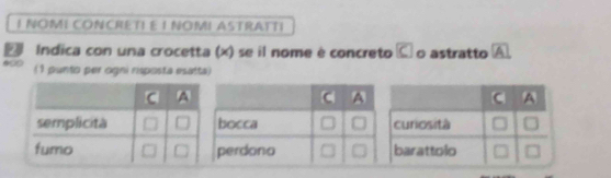 NOMI CONCRETI E I NOMI ASTRATTI 
Indica con una crocetta (x) se il nome è concreto boxed C o astratto A
(1 punto per ogni risposta esatta)