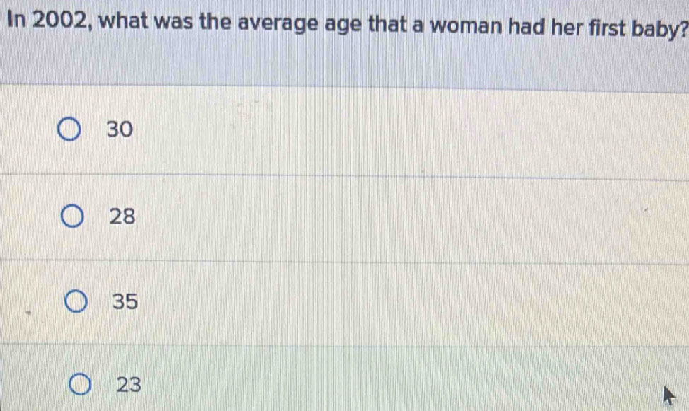 Solved: In 2002, what was the average age that a woman had her first ...