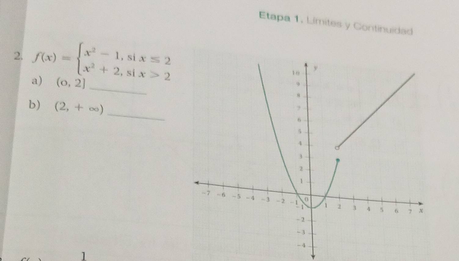 Etapa 1, Limites y Continuidad
_
2. f(x)=beginarrayl x^2-1,six≤ 2 x^2+2,six>2endarray.
a) (0,2]
_
b) (2,+∈fty )
1