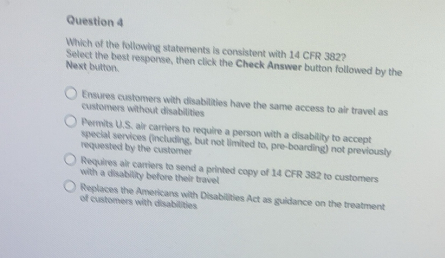 Solved: Which of the following statements is consistent with 14 CFR 382 ...
