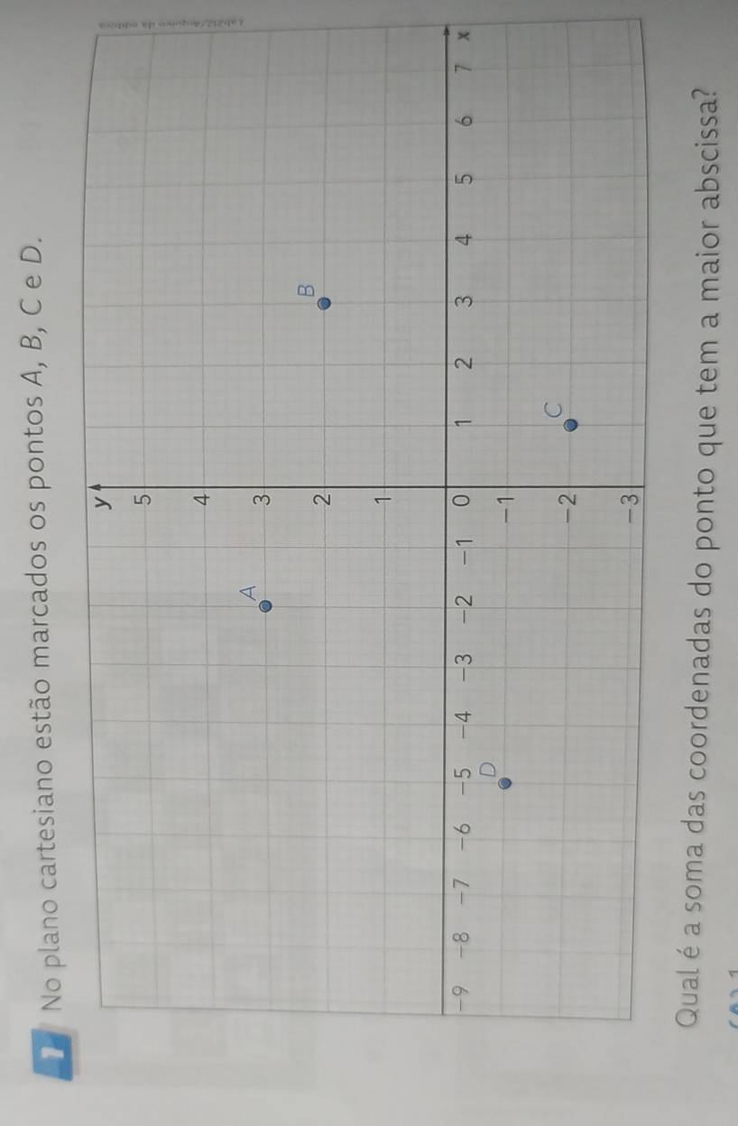 No plano cartesiano estão marcados os pontos A, B, C e D. 
Qual é a soma das coordenadas do ponto que tem a maior abscissa?