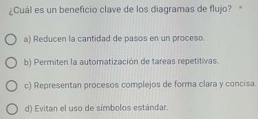 ¿Cuál es un beneficio clave de los diagramas de flujo? *
a) Reducen la cantidad de pasos en un proceso.
b) Permiten la automatización de tareas repetitivas.
c) Representan procesos complejos de forma clara y concisa.
d) Evitan el uso de símbolos estándar.