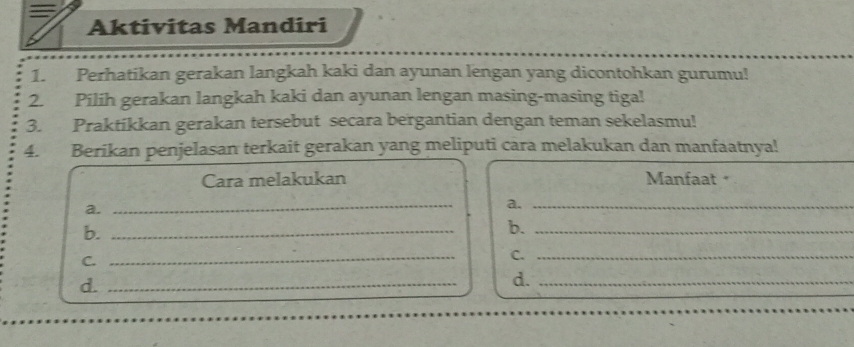 Aktivitas Mandiri 
1. Perhatikan gerakan langkah kaki dan ayunan lengan yang dicontohkan gurumu! 
2. Pilih gerakan langkah kaki dan ayunan lengan masing-masing tiga! 
3. Praktíkkan gerakan tersebut secara bergantian dengan teman sekelasmu! 
4. Berikan penjelasan terkait gerakan yang meliputi cara melakukan dan manfaatnya! 
Cara melakukan Manfaat 
a. 
_ 
a._ 
b._ 
b._ 
C._ 
C._ 
d._ 
d._