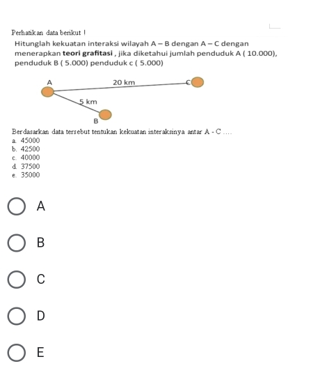 Perhatik an data berikut !
Hitunglah kekuatan interaksi wilayah A-B dengan A-C dengan
menerapkan teori grafitasi , jika diketahui jumlah penduduk A(10.000), 
penduduk B(5.000) penduduk c ( 5.000)
A 20 km C
5 km
B
Berdasarkan data tersebut tentukan kekuatan interaksinya antar A-C...
a. 45000
b. 42500
c. 40000
d. 37500
e. 35000
A
B
C
D
E