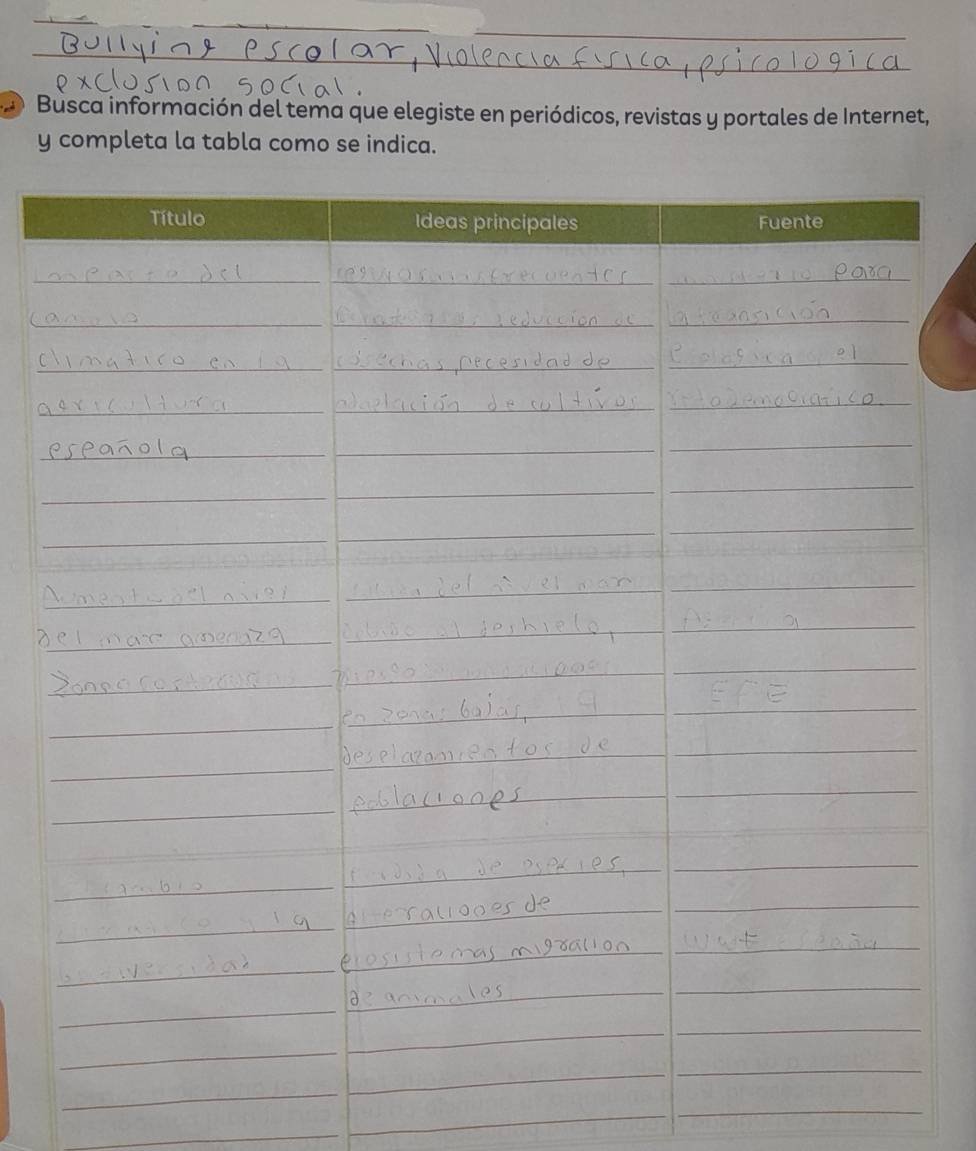  Busca información del tema que elegiste en periódicos, revistas y portales de Internet, 
y completa la tabla como se indica. 
_ 
_ 
_