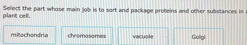 Select the part whose main job is to sort and package proteins and other substances in a
plant cell.
mitochondria chromosomes vacuole Golgi