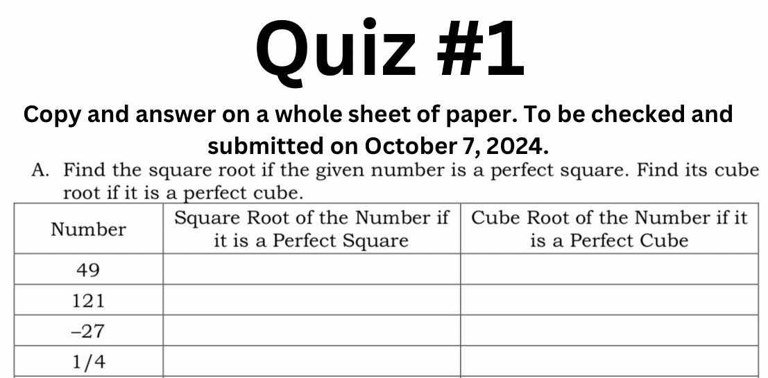 Copy and answer on a whole sheet of paper. To be checked and 
submitted on October 7, 2024. 
A. Find the square root if the given number is a perfect square. Find its cube