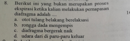 Berikut ini yang bukan merupakan proses
ekspirasi keṭika kalian melakukan pernapasan
diafragma adalah ....
1
a. otot tulang belakang berelaksasi
b. rongga dada mengempis
c. diafragma bergerak naik
d. udara dari di paru-paru keluar