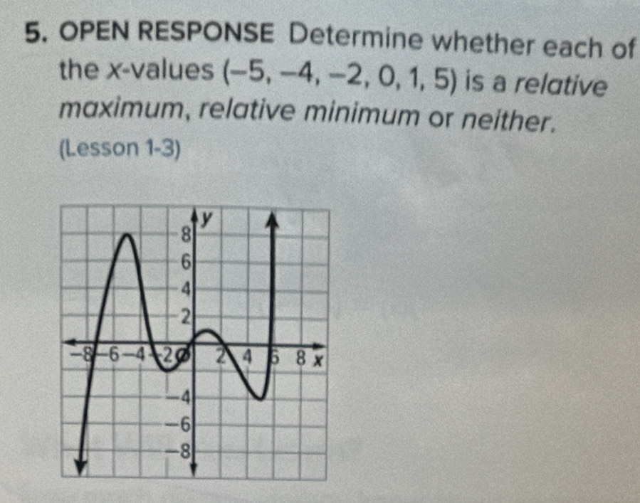 OPEN RESPONSE Determine whether each of 
the x -values (−5, −4, −2, 0, 1, 5 is a relative 
maximum, relative minimum or neither. 
(Lesson 1-3)