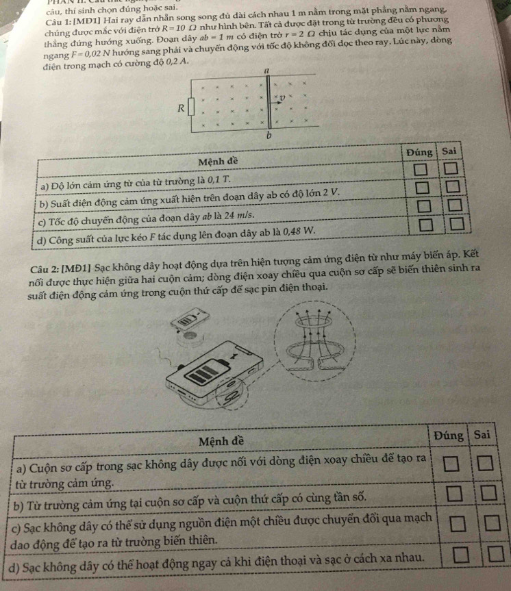 câu, thí sinh chọn đúng hoặc sai.
Câu 1: [MĐ1] Hai ray dẫn nhẫn song song đủ dài cách nhau 1 m nằm trong mặt phẳng nằm ngang,
Gue
chúng được mắc với điện trở R=10Omega như hình bên. Tất cả được đặt trong từ trường đều có phương
thẳng đứng hướng xuống. Đoạn dây ab=1m có điện trở r=2Omega chịu tác dụng của một lực nằm
ngang F=0,02N * hướng sang phải và chuyển động với tốc độ không đối dọc theo ray. Lúc này, đòng
điện trong mạch có cường độ 0, 2 A.
Câu 2: [MĐ1] Sạc không dây hoạt động dựa trên hiện tượng cảm ứng điện từ như máy biến áp. Kế
nối được thực hiện giữa hai cuộn cảm; dòng điện xoay chiều qua cuộn sơ cấp sẽ biến thiên sinh ra
suất điện động cảm ứng trong cuộn thứ cấp để sạc pin điện thoại.
Mệnh đề Đúng Sai
a) Cuộn sơ cấp trong sạc không dây được nối với dòng điện xoay chiều để tạo ra
từ trường cảm ứng.
b) Từ trường cảm ứng tại cuộn sơ cấp và cuộn thứ cấp có cùng tần số.
c) Sạc không dây có thể sử dụng nguồn điện một chiều được chuyển đổi qua mạch
dao động để tạo ra từ trường biến thiên.
d) Sạc không dây có thể hoạt động ngay cả khi điện thoại và sạc ở cách xa nhau.