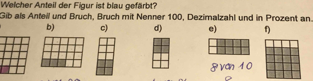 Welcher Anteil der Figur ist blau gefärbt? 
Gib als Anteil und Bruch, Bruch mit Nenner 100, Dezimalzahl und in Prozent an. 
b) c) d) e) f)