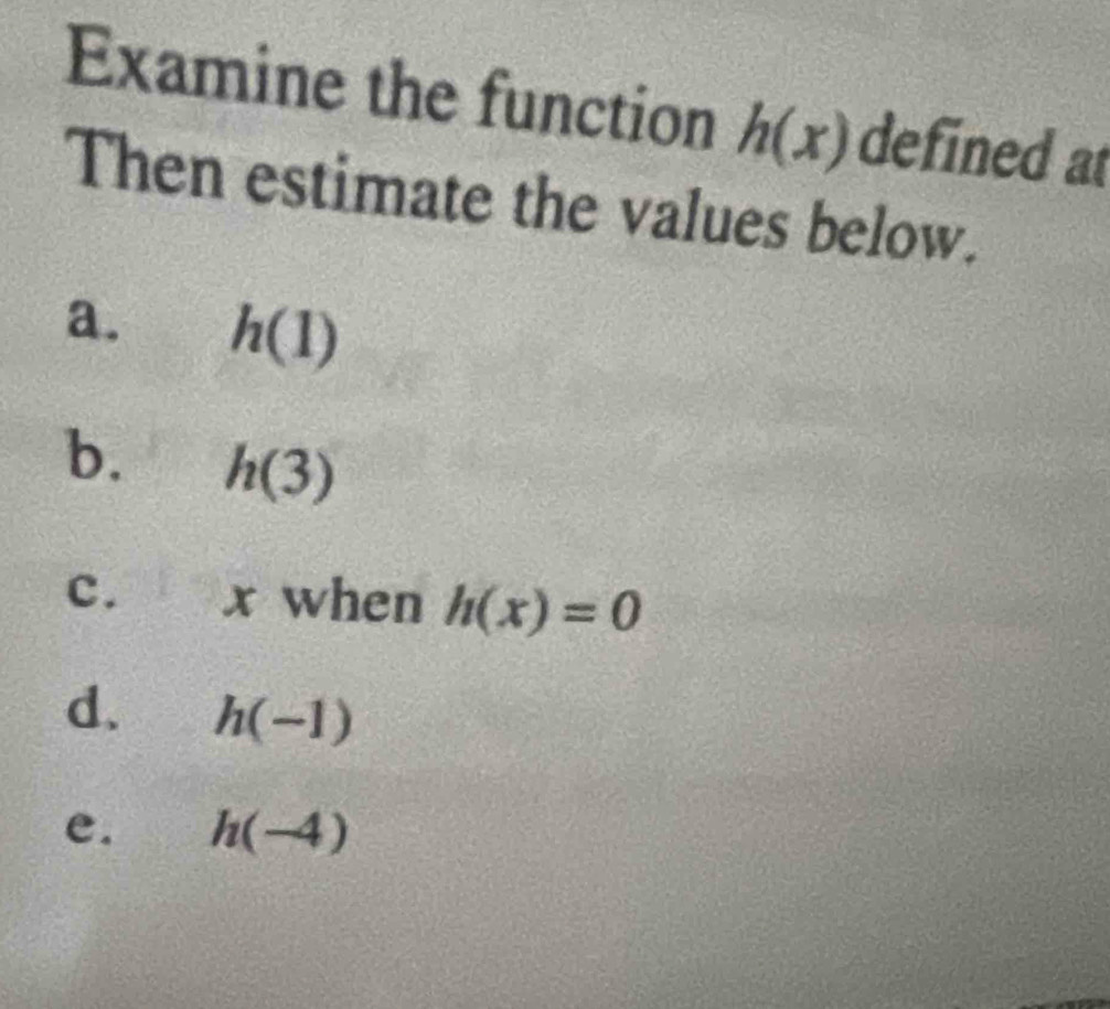 Examine the function h(x) defined at 
Then estimate the values below. 
a. h(1)
b. h(3)
c. x when h(x)=0
d. h(-1)
e. h(-4)