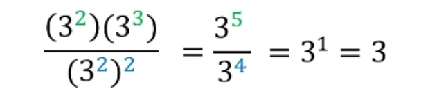 frac (3^2)(3^3)(3^2)^2= 3^5/3^4 =3^1=3