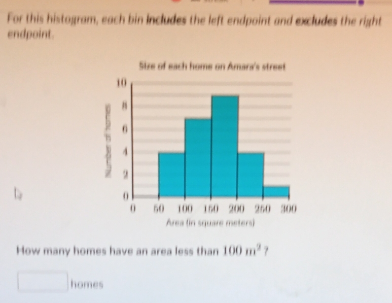 For this histogram, each bin includes the left endpoint and excludes the right 
endpoint. 
How many homes have an area less than 100m^2 7 
homes