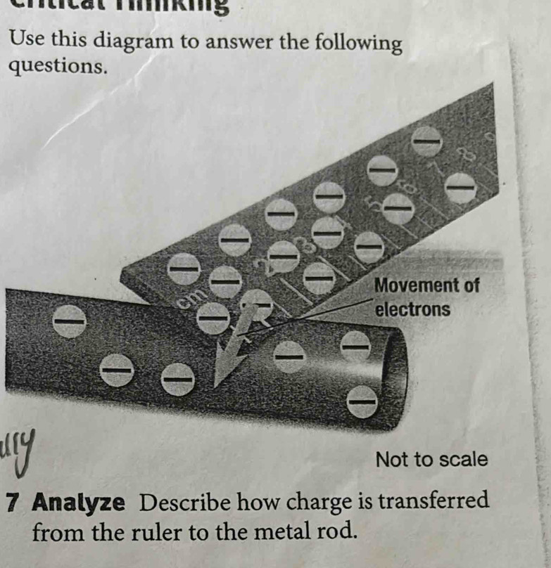 Tkmg 
Use this diagram to answer the following 
q 

Not to scale 
7 Analyze Describe how charge is transferred 
from the ruler to the metal rod.