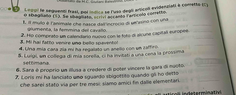 a a t t o d a M . C . iulia ni B a les trino D 
) Leggi le seguenti frasi, poi indica se l'uso degli articoli evidenziati è corretto (C) 
o sbagliato (S). Se sbagliato, scrivi accanto l'articolo corretto 
_ 
1. Il mulo è l'animale che nasce dall'incrocio di un'asino con una 
giumenta, la femmina del cavallo. 
2. Ho comprato un calendario nuovo con le foto di alcune capitali europee.__ 
3. Mi hai fatto venire uno bello spavento! 
4. Una mia cara zia mi ha regalato un anello con un zaffiro. 
_ 
_ 
5. Luigi, un collega di mia sorella, ci ha invitati a una cena la prossima 
settimana. 
6. Sara è proprio un illusa a credere di poter vincere la gara di nuoto._ 
7. Loris mi ha lanciato uno sguardo sbigottito quando gli ho detto 
che sarei stato via per tre mesi: siamo amici fin dalle elementari._ 
artico li indeterminativi