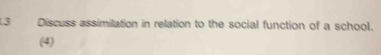 L3 Discuss assimilation in relation to the social function of a school. 
(4)