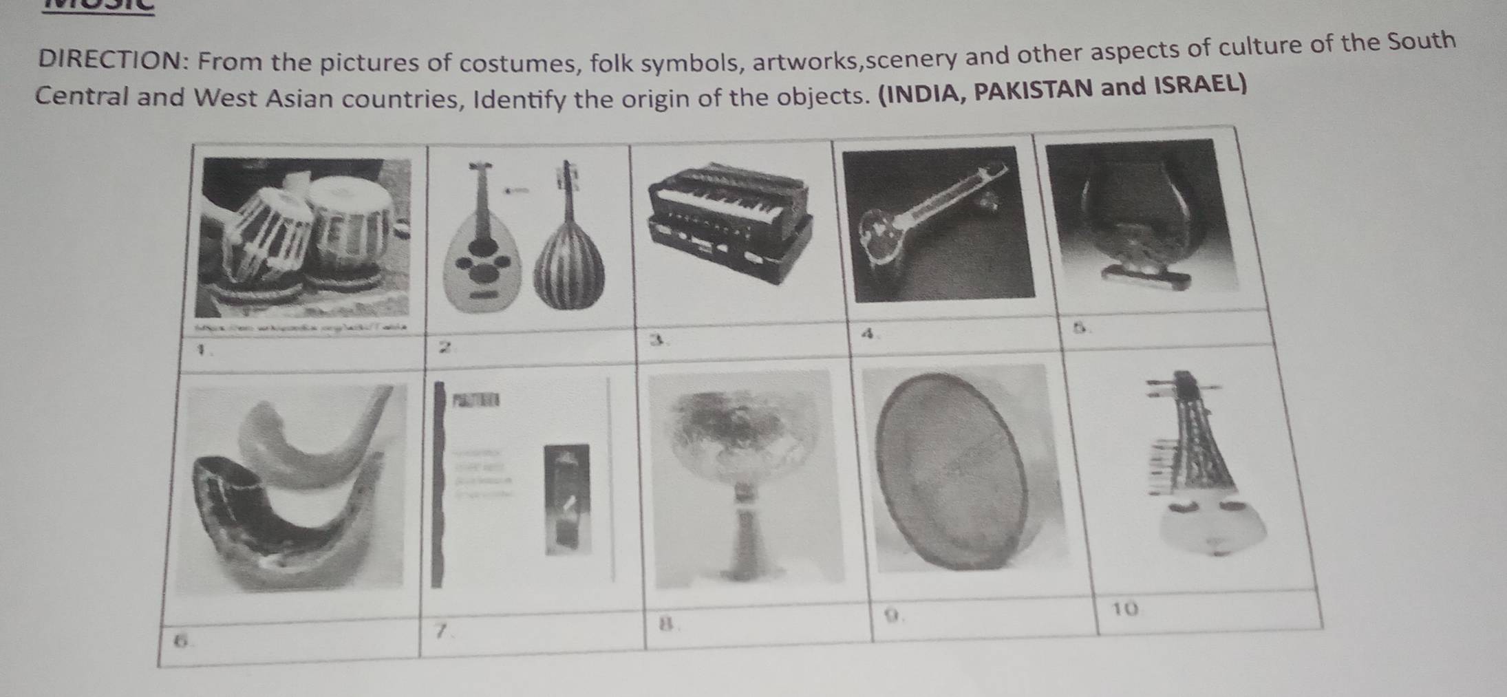 DIRECTION: From the pictures of costumes, folk symbols, artworks,scenery and other aspects of culture of the South 
Central and West Asian countries, Identify the origin of the objects. (INDIA, PAKISTAN and ISRAEL)