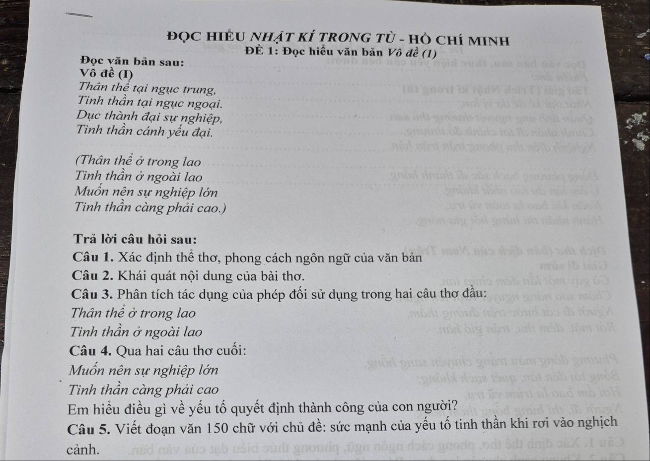 ĐQC HIÊU NHẠT KÍ TRONG Tù - Hò CHí MINH 
ĐÉ 1: Đọc hiểu văn bản Vô đề (1) 
Đọc văn bản sau: 
Vô đề (I) 
Thân thể tại ngục trung, 
Tinh thần tại ngục ngoại. 
Dục thành đại sự nghiệp, 
Tinh thần cánh yếu đại. 
(Thân thể ở trong lao 
Tinh thần ở ngoài lao 
Mốn nên sự nghiệp lớn 
Tinh thần càng phải cao.) 
Trả lời câu hỏi sau: 
Câu 1. Xác định thể thơ, phong cách ngôn ngữ của văn bản 
Câu 2. Khái quát nội dung của bài thơ. 
Câu 3. Phân tích tác dụng của phép đối sử dụng trong hai câu thơ đầu: 
Thân thể ở trong lao 
Tinh thần ở ngoài lao 
Câu 4. Qua hai câu thơ cuối: 
Muốn nên sự nghiệp lớn 
Tinh thần càng phải cao 
Em hiểu điều gì về yếu tố quyết định thành công của con người? 
Câu 5. Viết đoạn văn 150 chữ với chủ đề: sức mạnh của yếu tố tinh thần khi rơi vào nghịch 
cảnh.