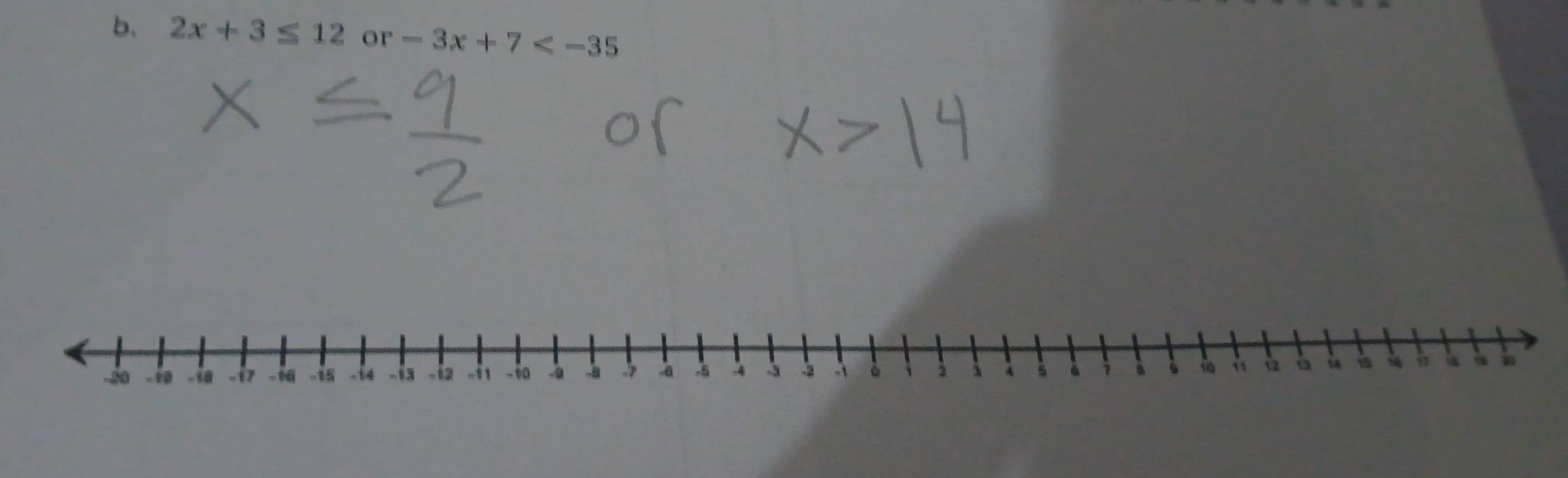 2x+3≤ 12 or -3x+7