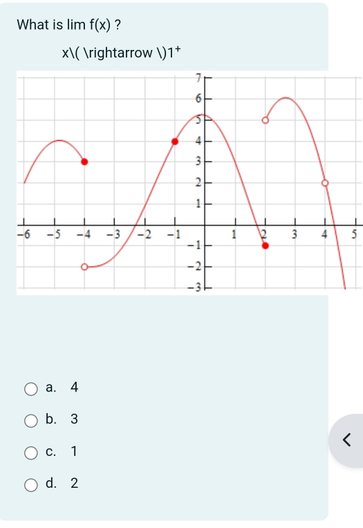 What is lim f(x) ?
x( arrow )1†
5
a. 4
b. 3
c. 1
d. 2