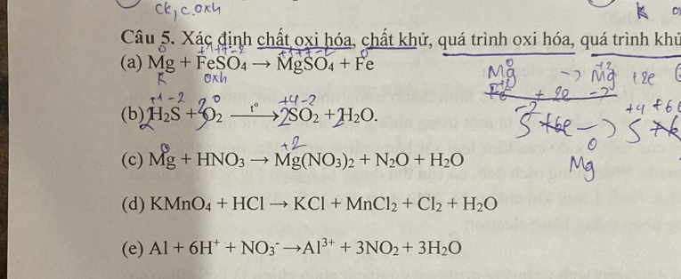 Xác định chất oxi hóa, chất khử, quá trình oxi hóa, quá trình khủ 
(a) Mg+FeSO_4to MgSO_4+Fe
+4-2
(b) H_2S+O_2 t° to 2SO_2+H_2O. 
(c) Mg + HNO₃ → Mg(NO₃)2 + N₂O + H₂O
(d) KMnO_4+HClto KCl+MnCl_2+Cl_2+H_2O
(e) Al+6H^++NO_3^(-to Al^3+)+3NO_2+3H_2O