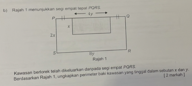 Kawasan berlorek telah dikeluarkan daripada segi empat PQRS. 
Berdasarkan Rajah 1, ungkapkan perimeter baki kawasan yang tinggal dalam sebutan x dan y. [ 2 markah ]