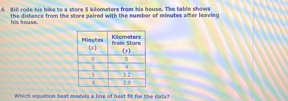 .6 Bill rode his bike to a store 5 kilometers from his house. The table shows
the distance from the store paired with the number of minutes after leaving
his house.
Which equation best models a line of best fit for the data?