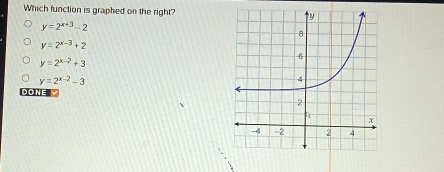 Which function is graphed on the right?
y=2^(x+3)-2
y=2^(x-3)+2
y=2^(x-2)+3
y=2^(x-2)-3
DONE