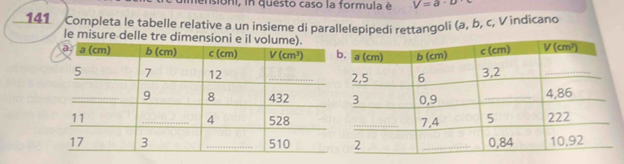 Isioni, in questo caso la formula è V=a· D
141 Completa le tabelle relative a un insieme di parallelepipedi rettangoli (a, b, c, V indicano
le misure delle tre dimensioni e il vol