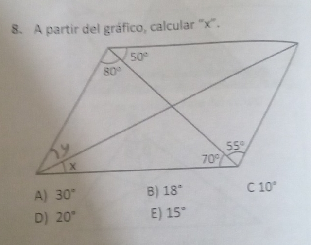 A partir del gráfico, calcular “x”.
A) 30°
B) 18°
10°
D) 20°
E) 15°