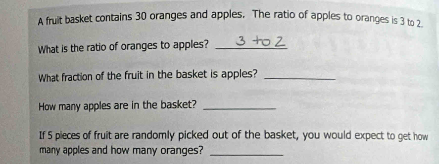 Solved: A fruit basket contains 30 oranges and apples. The ratio of ...