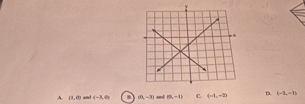 A. (1,0) and (-3,0) B. (0,-3) and (0,-1) C. (-1,-2)
D、 (-2,-1)