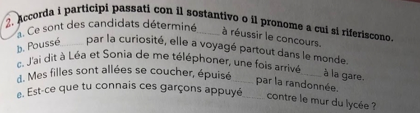 Accorda i participi passati con il sostantivo o il pronome a cui si riferiscono. 
a. Ce sont des candidats déterminé 
à réussir le concours. 
b. Poussé _par la curiosité, elle a voyagé partout dans le monde. 
c. J'ai dit à Léa et Sonia de me téléphoner, une fois arrivé 
d. Mes filles sont allées se coucher, épuisé_ 
_à la gare. 
par la randonnée. 
e Est-ce que tu connais ces garçons appuyé_ contre le mur du lycée ?