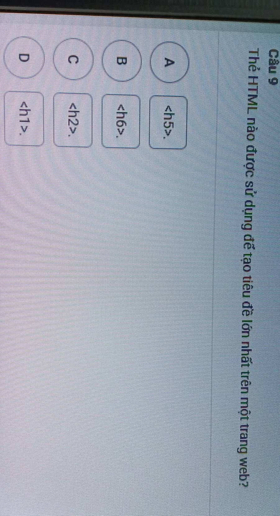 Thể HTML nào được sử dụng đế tạo tiêu đề lớn nhất trên một trang web?
A
.
B

C
.
D
.