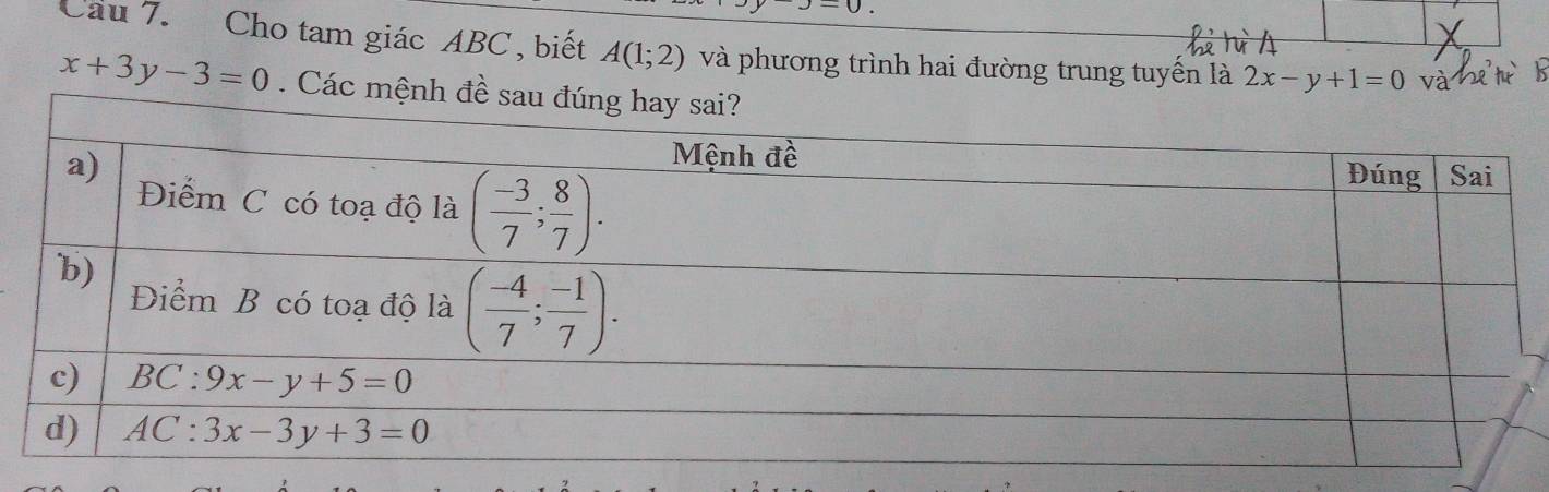 -0.
Cầu 7. Cho tam giác ABC , biết A(1;2) và phương trình hai đường trung tuyến là 2x-y+1=0 và e tu
x+3y-3=0. Các mệnh đ