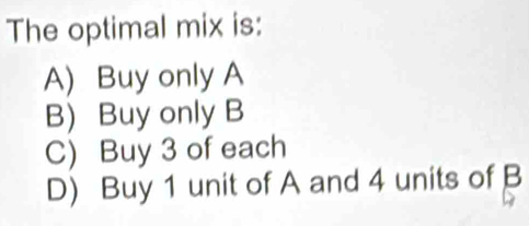 The optimal mix is:
A) Buy only A
B Buy only B
C) Buy 3 of each
D) Buy 1 unit of A and 4 units of B