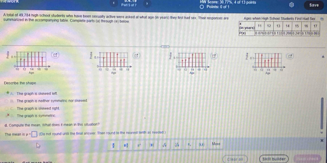 mework Part 5 of 7 1 HW Score: 30.77%, 4 of 13 points Points: 0 of 1 Save
。
A total of 49,784 high school students who have been sexually active were asked at what age (in years) they first had sex. Their responses are Ages when High School Students First Had Sex □
summarized in the accompanying table. Complete parts (a) through (e) below 
 

 
   
Describe the shape
A. The graph is skewed left.. The graph is neither symmetric nor skewed.. The graph is skewed right.
The graph is symmetric
d. Compute the mean. What does it mean in this situation?
The mean is mu =□ (Do not round until the final answer. Then round to the nearest tenth as needed.)
 | 8° sqrt(1) V n. (1,1) More
Clear all Skill builder